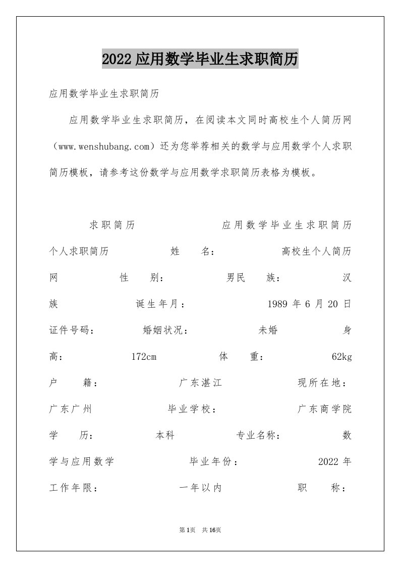 2024应用数学毕业生求职简历