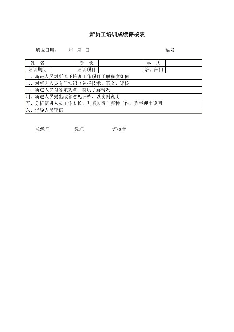 精品文档-新员工培训成绩评核表