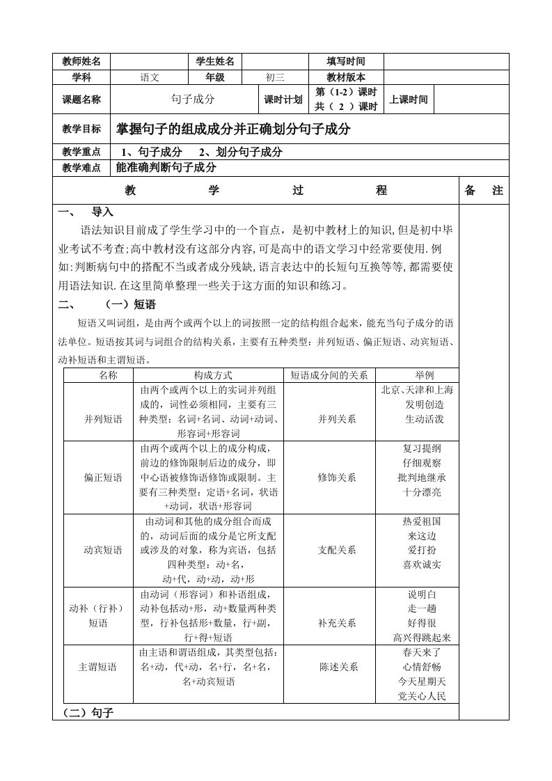 初中语文句子成分专题