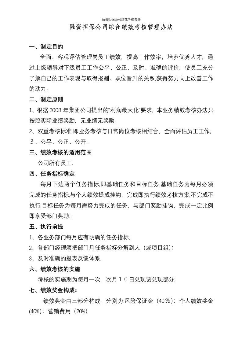 融资担保公司绩效考核办法