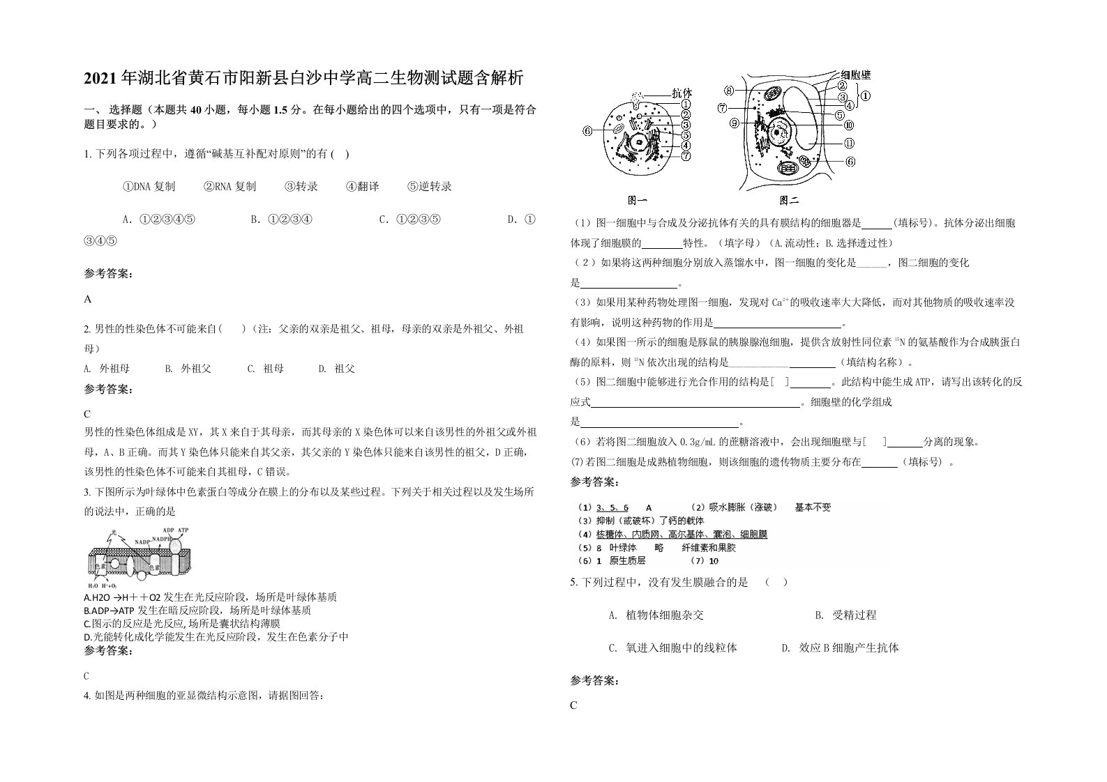 2021年湖北省黄石市阳新县白沙中学高二生物测试题含解析