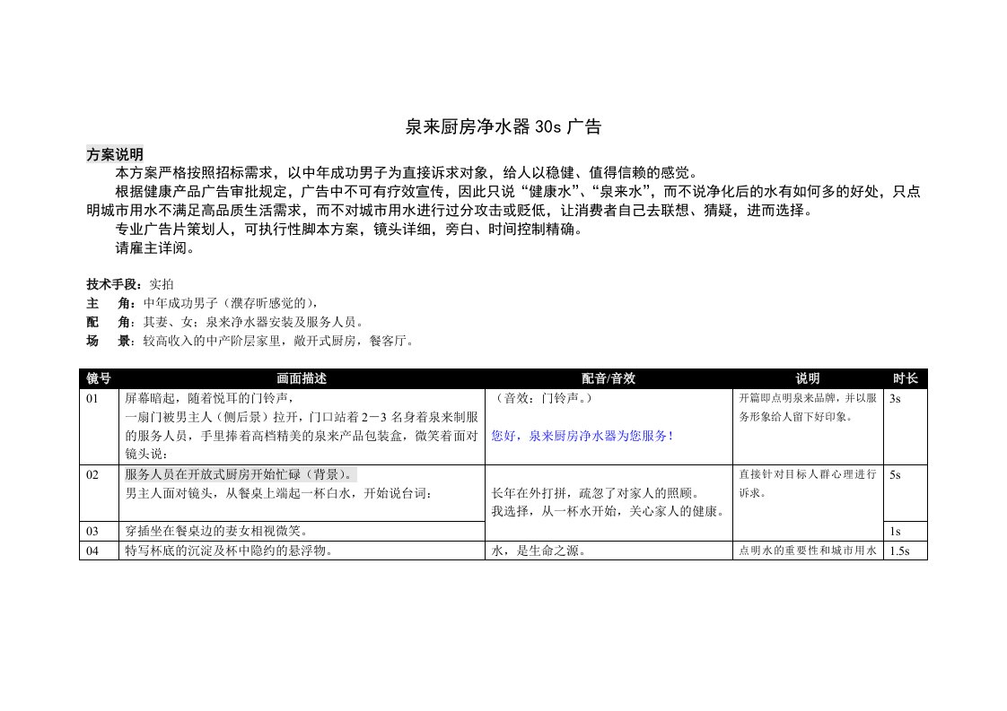 泉来厨房净水器30s广告策划案