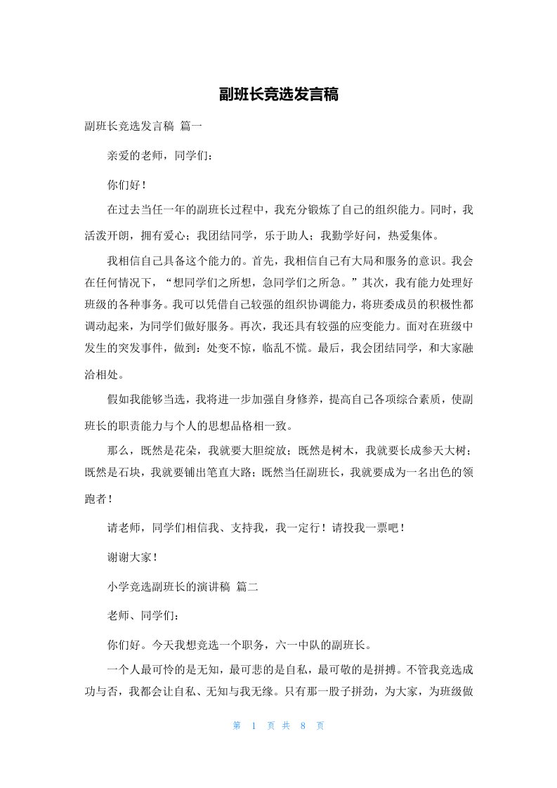 副班长竞选发言稿