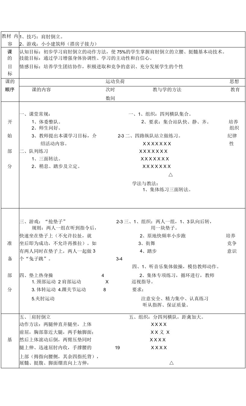 体操——肩肘倒立教案-高一上学期体育与健康人教版