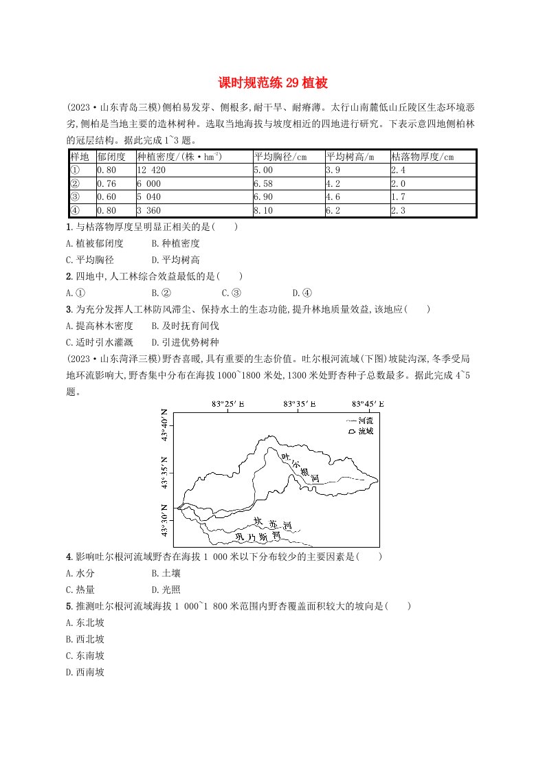 适用于新高考新教材备战2025届高考地理一轮总复习课时规范练29植被