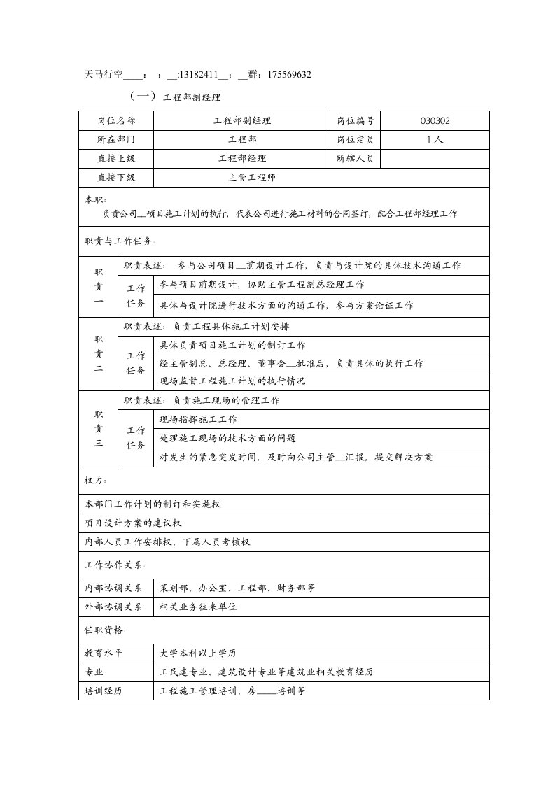 房地产公司工程部副经理岗位说明书