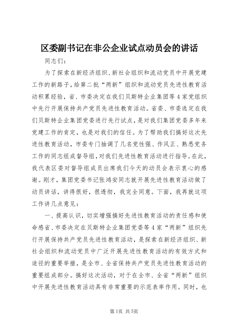 区委副书记在非公企业试点动员会的讲话