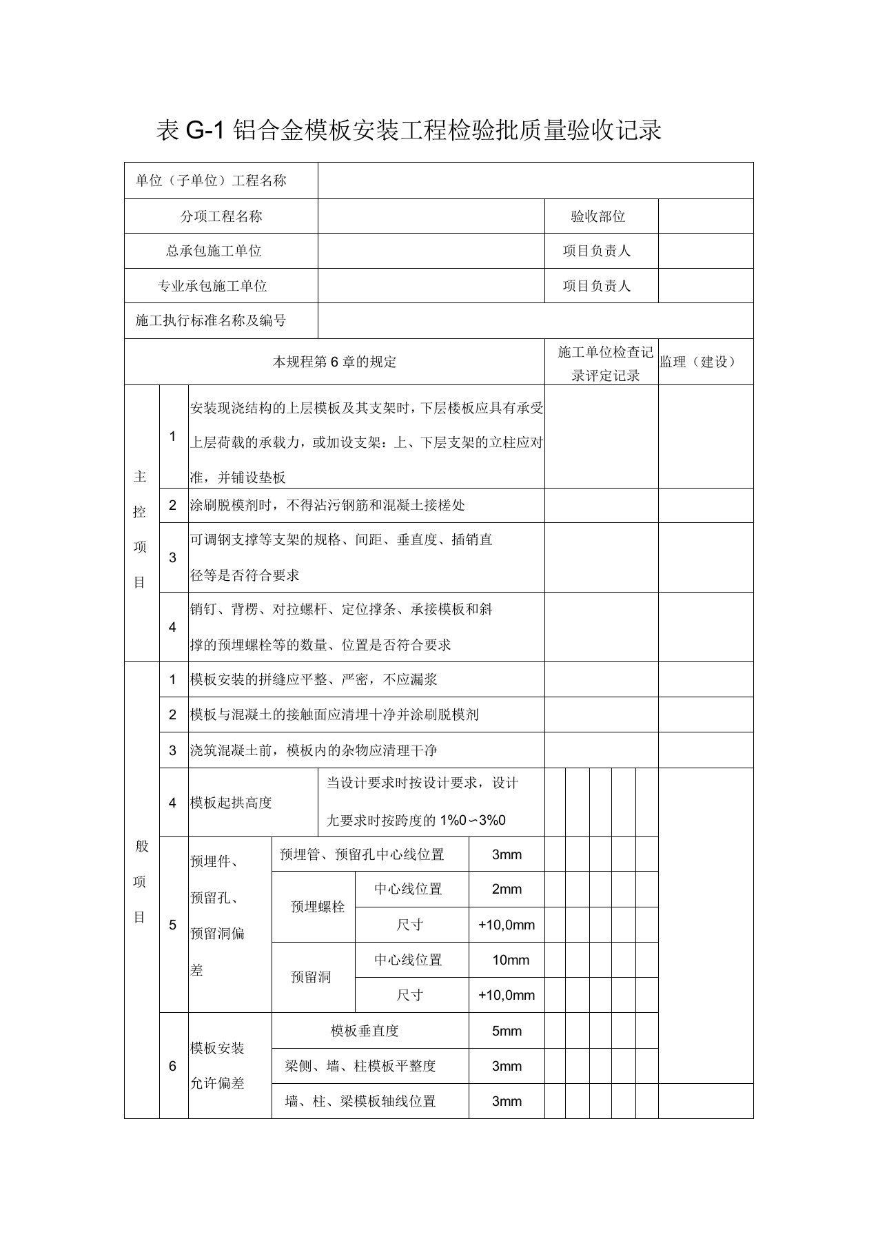 铝合金模板安装及拆除工程检验批质量验收记录