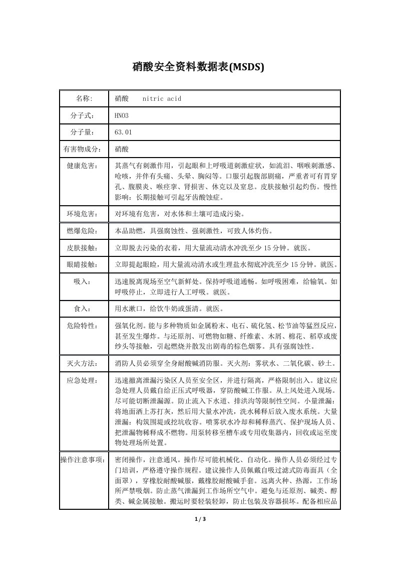 硝酸安全资料数据表