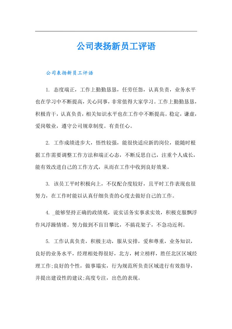 公司表扬新员工评语