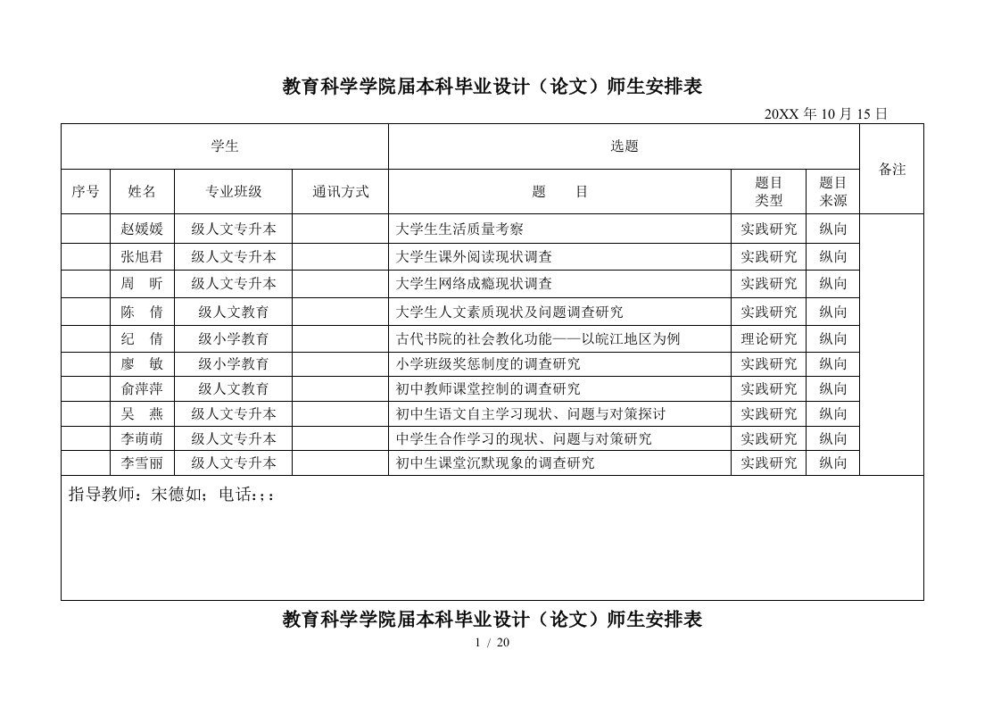 教育科学学院届本科毕业设计师生安排表