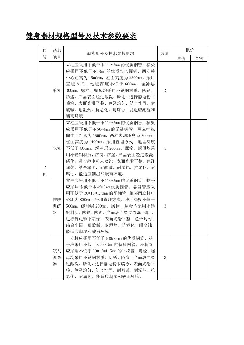 健身器材规格型号及技术参数要求