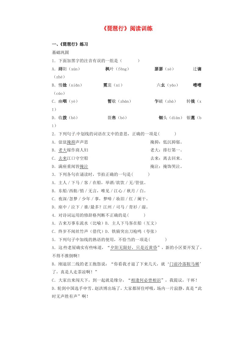 甘肃省民勤县第六中学九年级语文上册《琵琶行》阅读训练