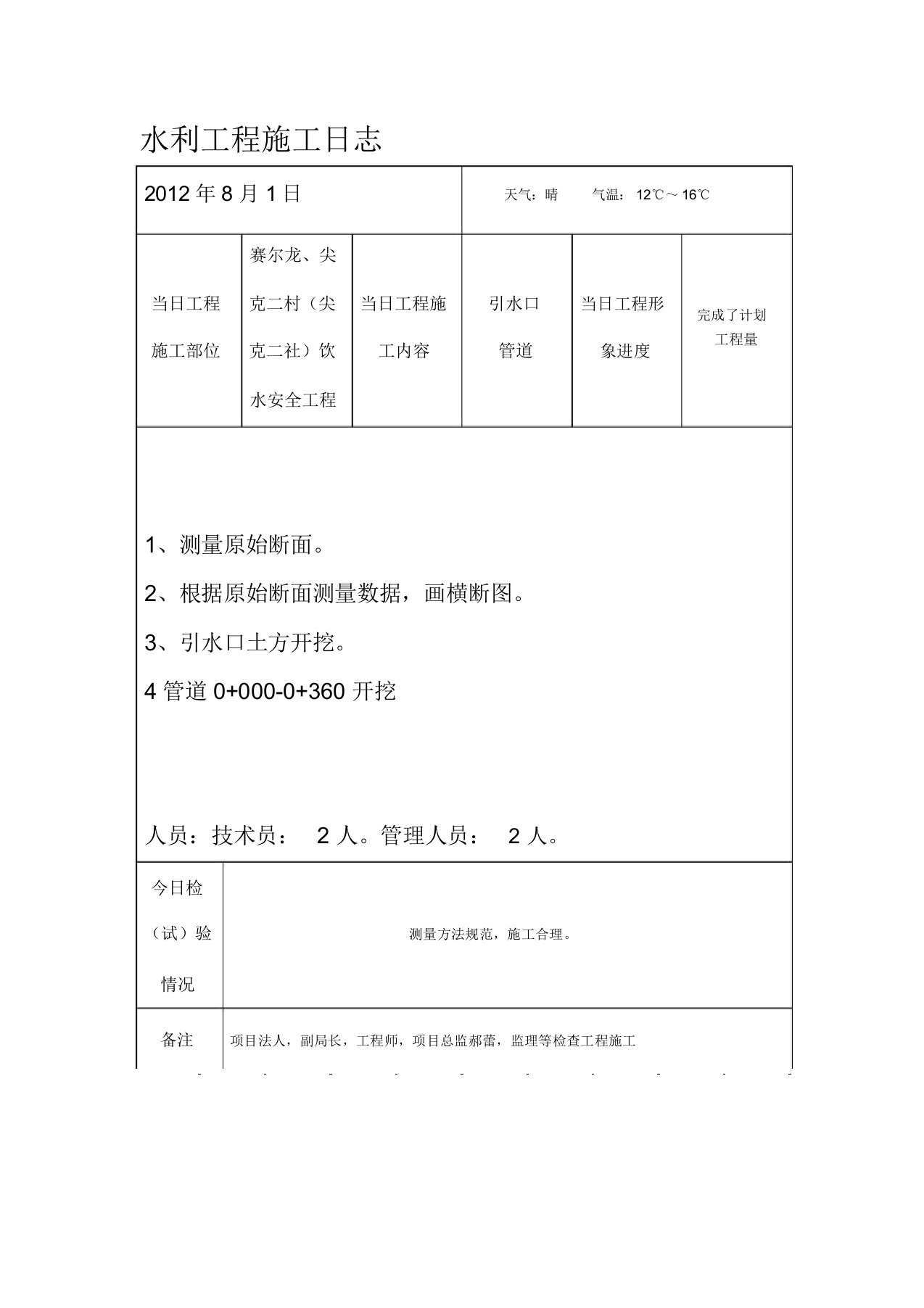 农村供水水利工程施工日志