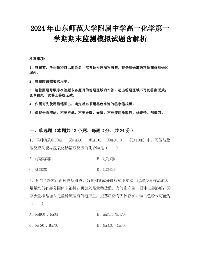 2024年山东师范大学附属中学高一化学第一学期期末监测模拟试题含解析