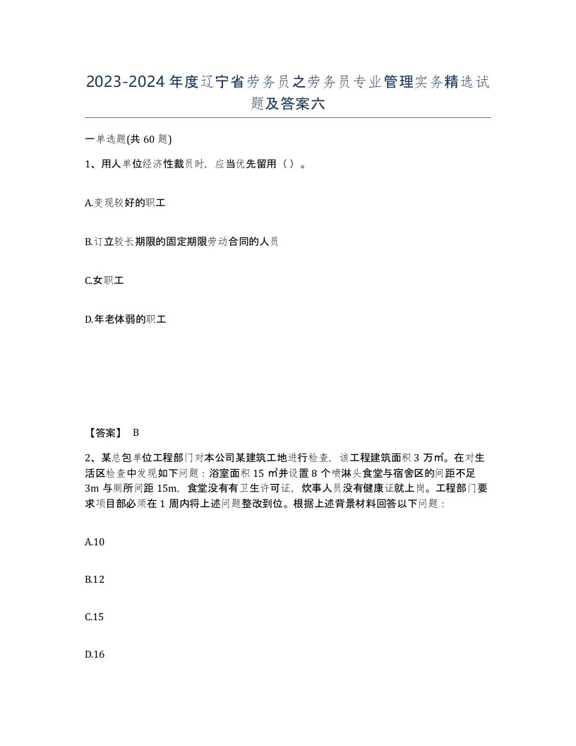 2023-2024年度辽宁省劳务员之劳务员专业管理实务试题及答案六