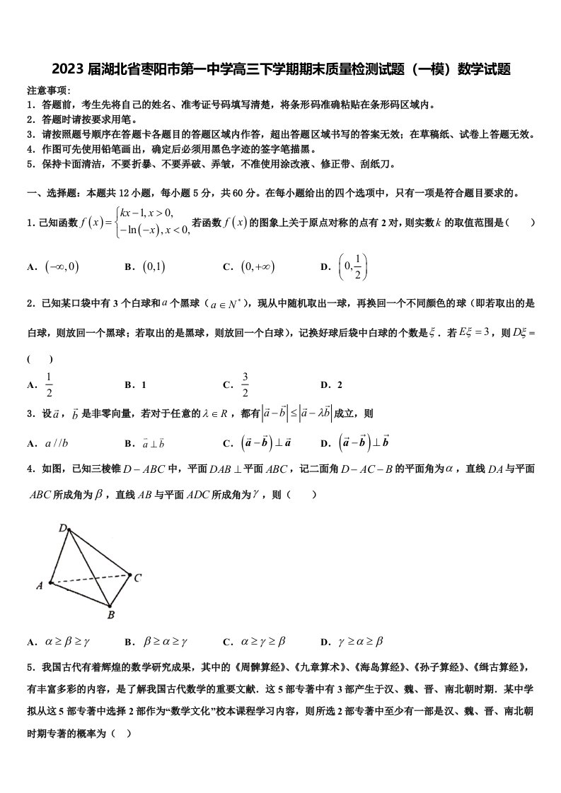 2023届湖北省枣阳市第一中学高三下学期期末质量检测试题（一模）数学试题