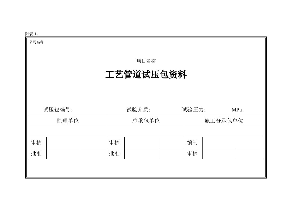 工艺管道试验试压包表格