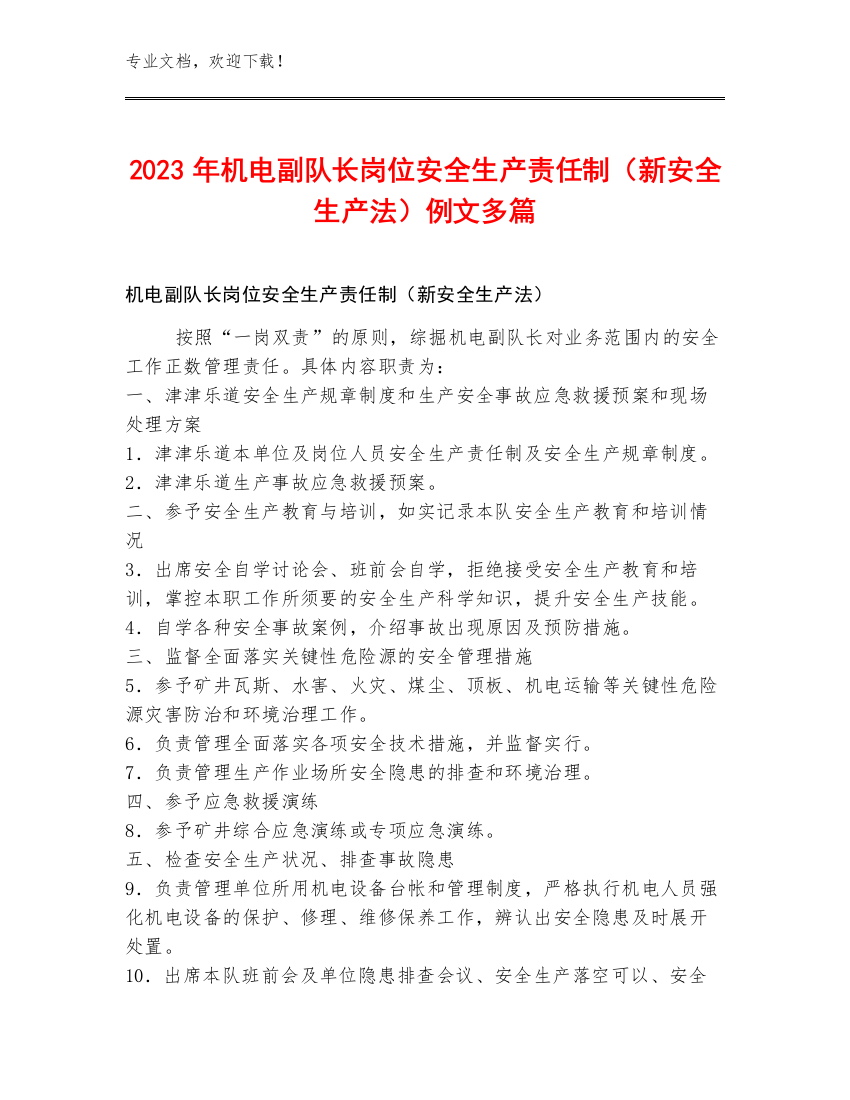 2023年机电副队长岗位安全生产责任制（新安全生产法）例文多篇