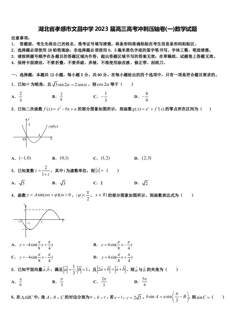 湖北省孝感市文昌中学2023届高三高考冲刺压轴卷(一)数学试题