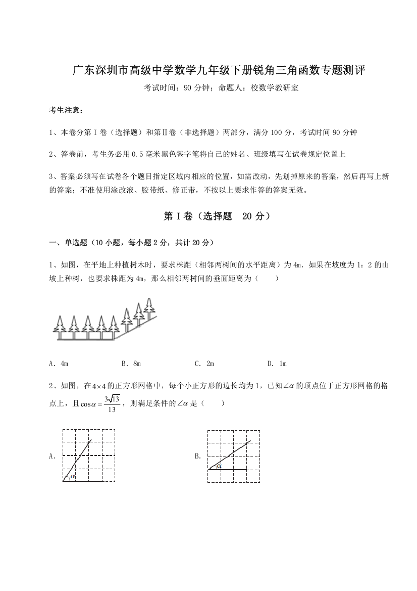 难点解析广东深圳市高级中学数学九年级下册锐角三角函数专题测评试卷