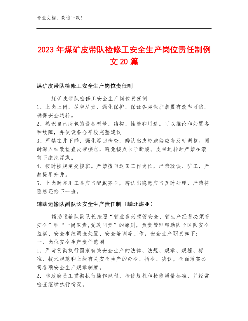 2023年煤矿皮带队检修工安全生产岗位责任制例文20篇