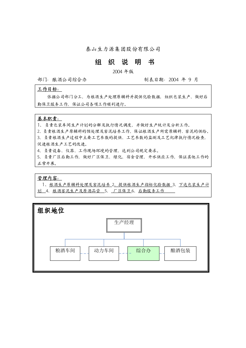 酿酒公司综合办组织说明书