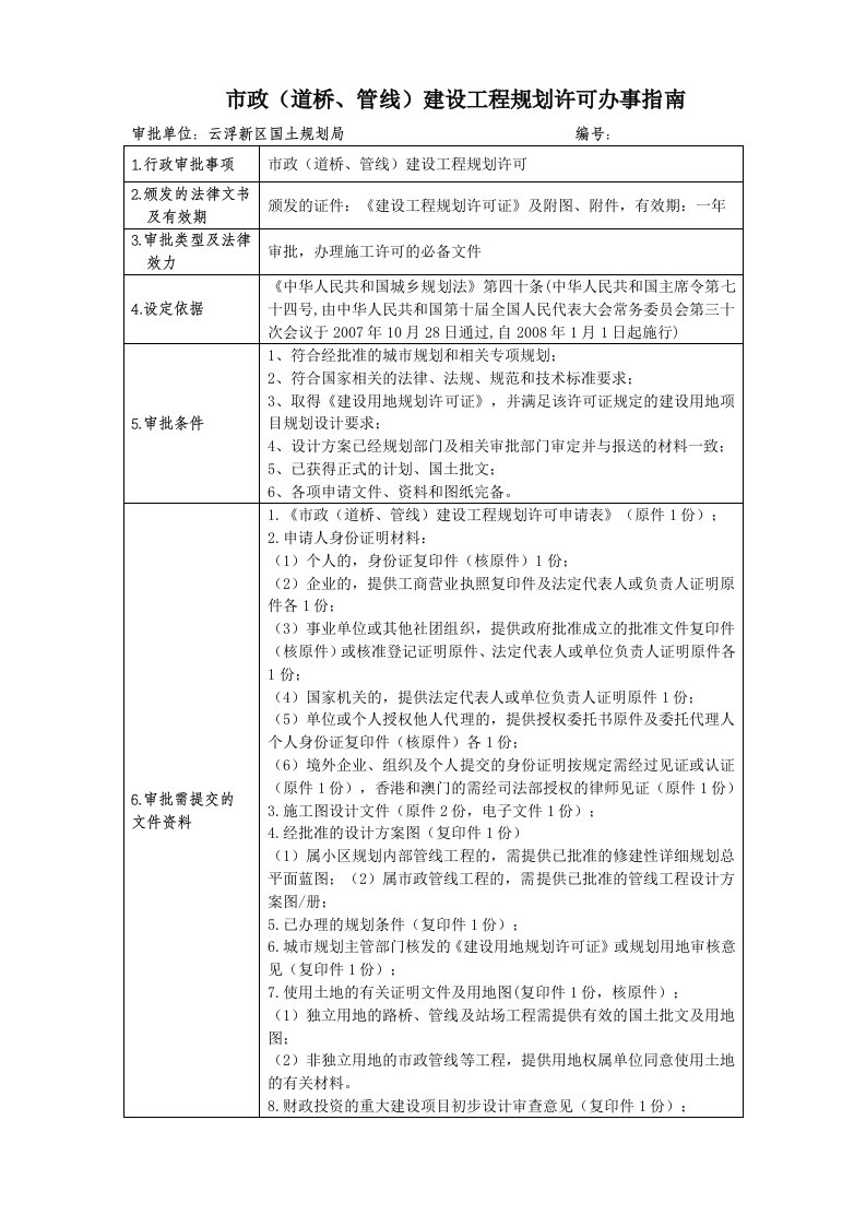 市政（道桥、管线）建设工程规划许可办事指南