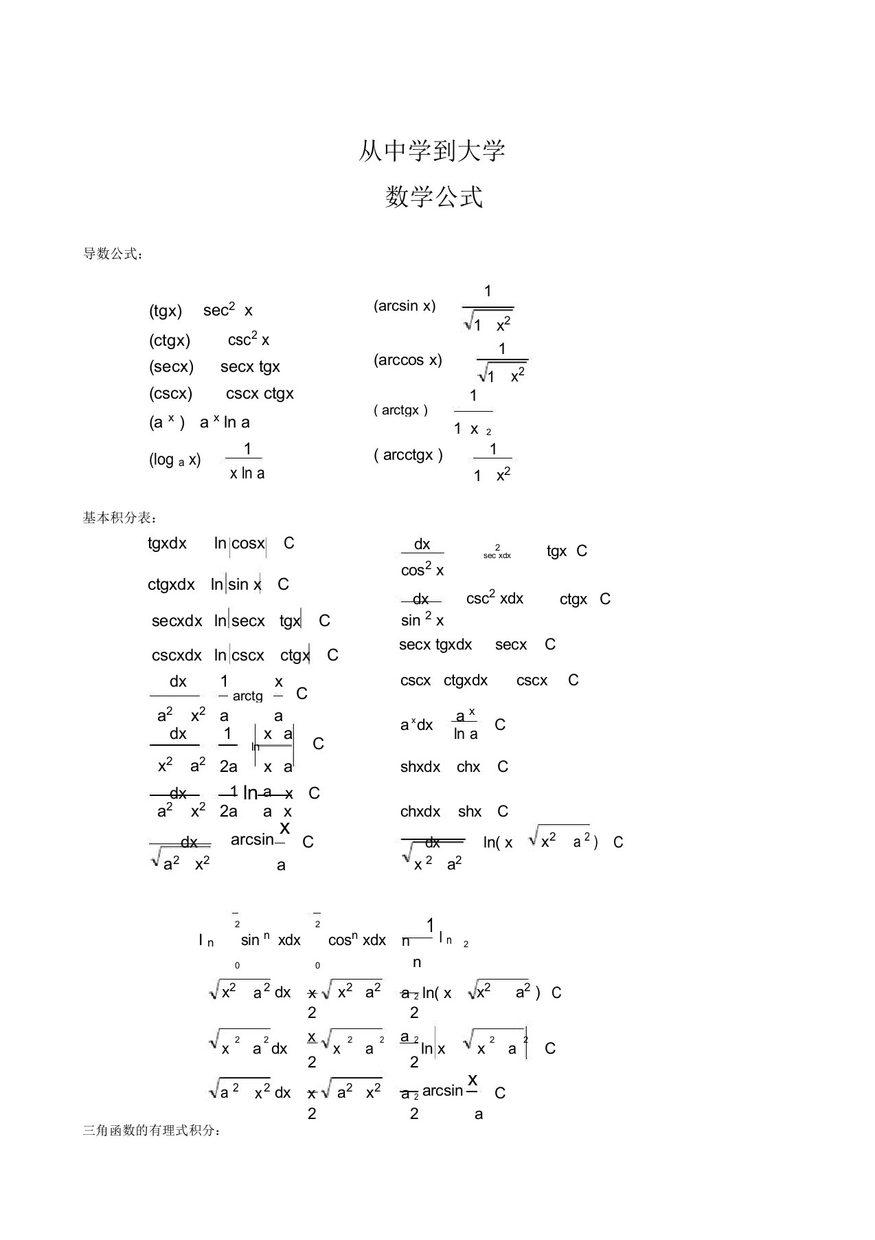 从中学到大学数学公式大全