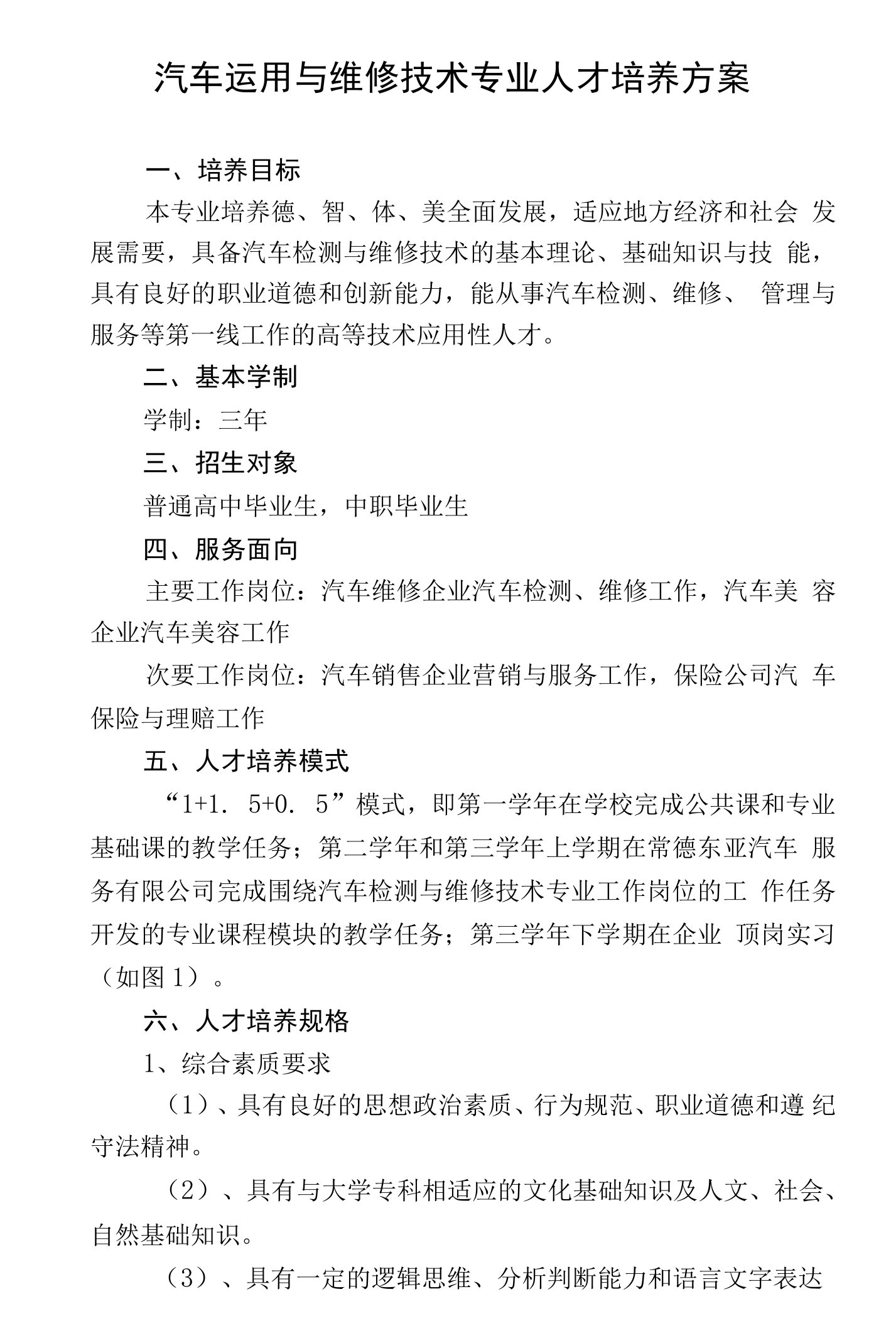 汽车运用与维修技术专业人才培养方案