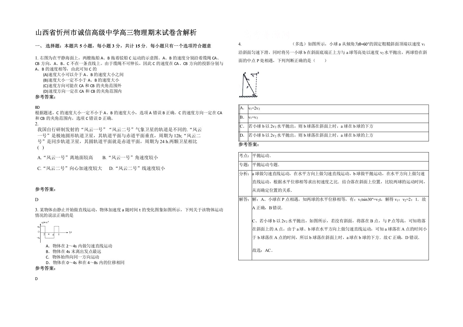 山西省忻州市诚信高级中学高三物理期末试卷含解析