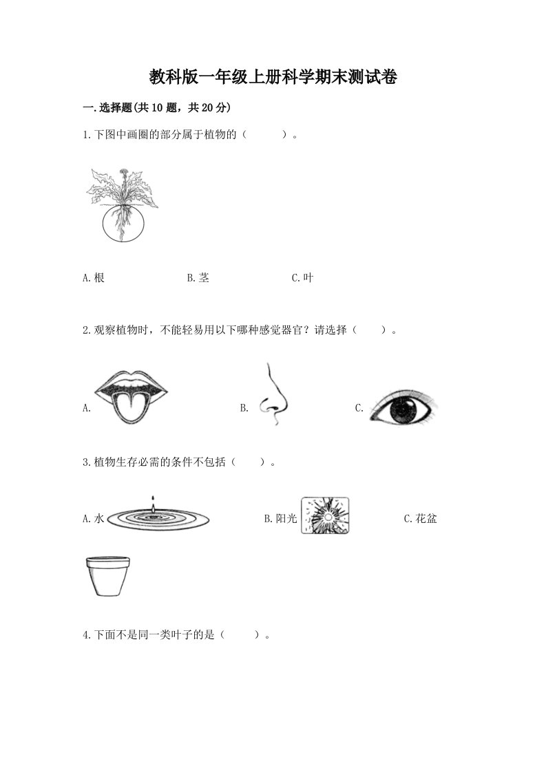 教科版一年级上册科学期末测试卷精品【各地真题】