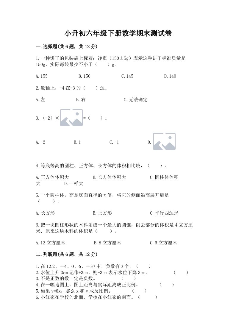 小升初六年级下册数学期末测试卷及完整答案（各地真题）