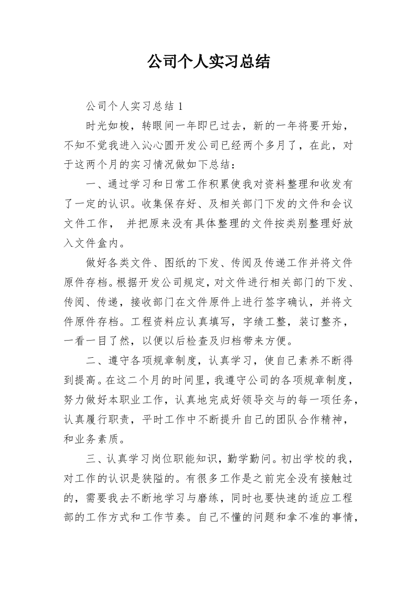 公司个人实习总结