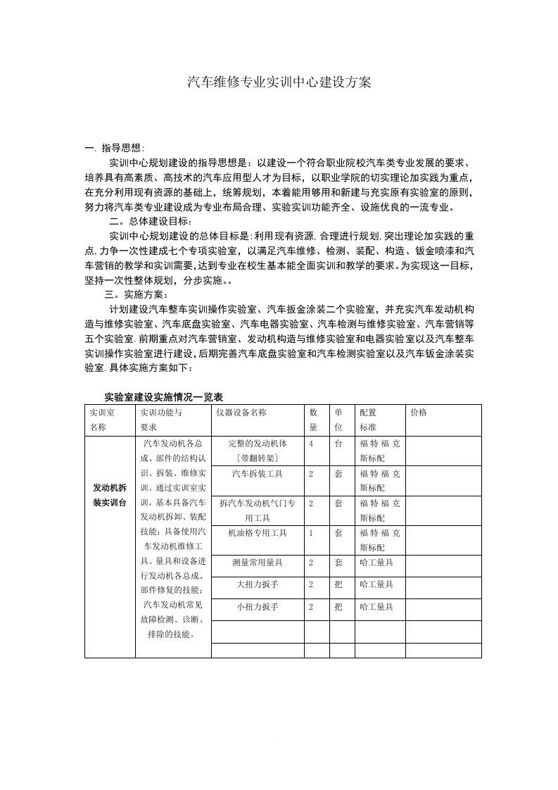 汽车维修专业实训中心建设方案