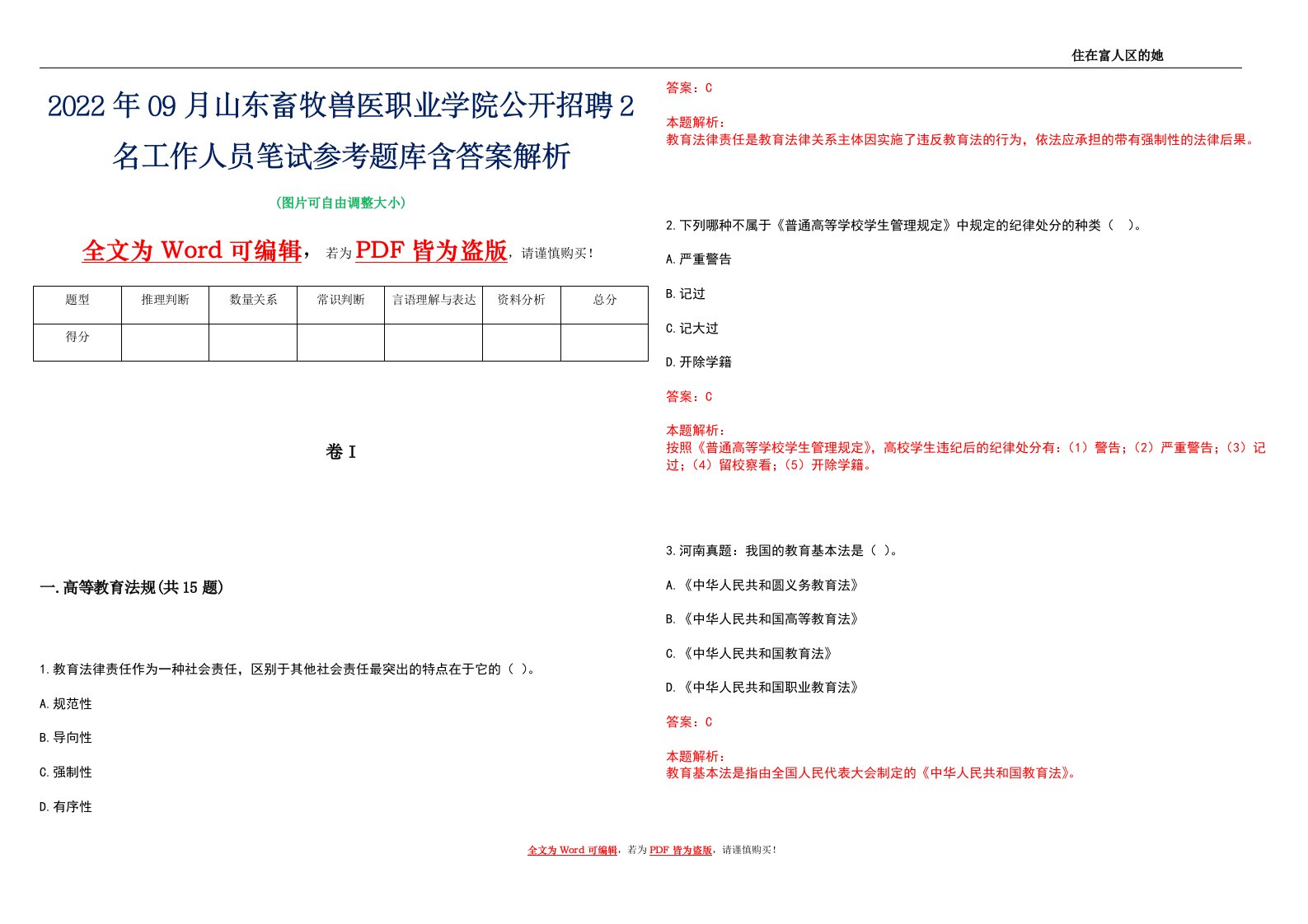 2022年09月山东畜牧兽医职业学院公开招聘2名工作人员笔试参考题库含答案解析