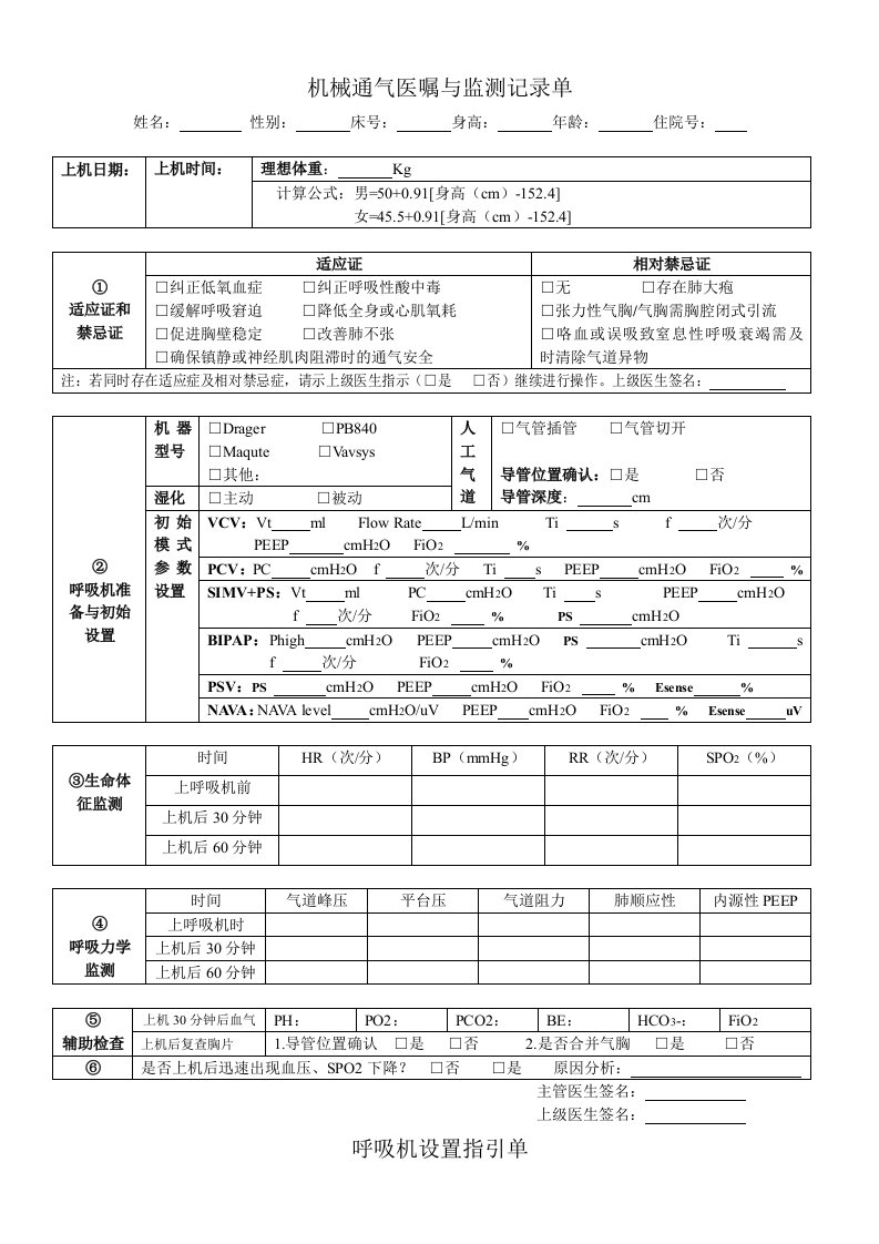 机械通气医嘱与监测记录单