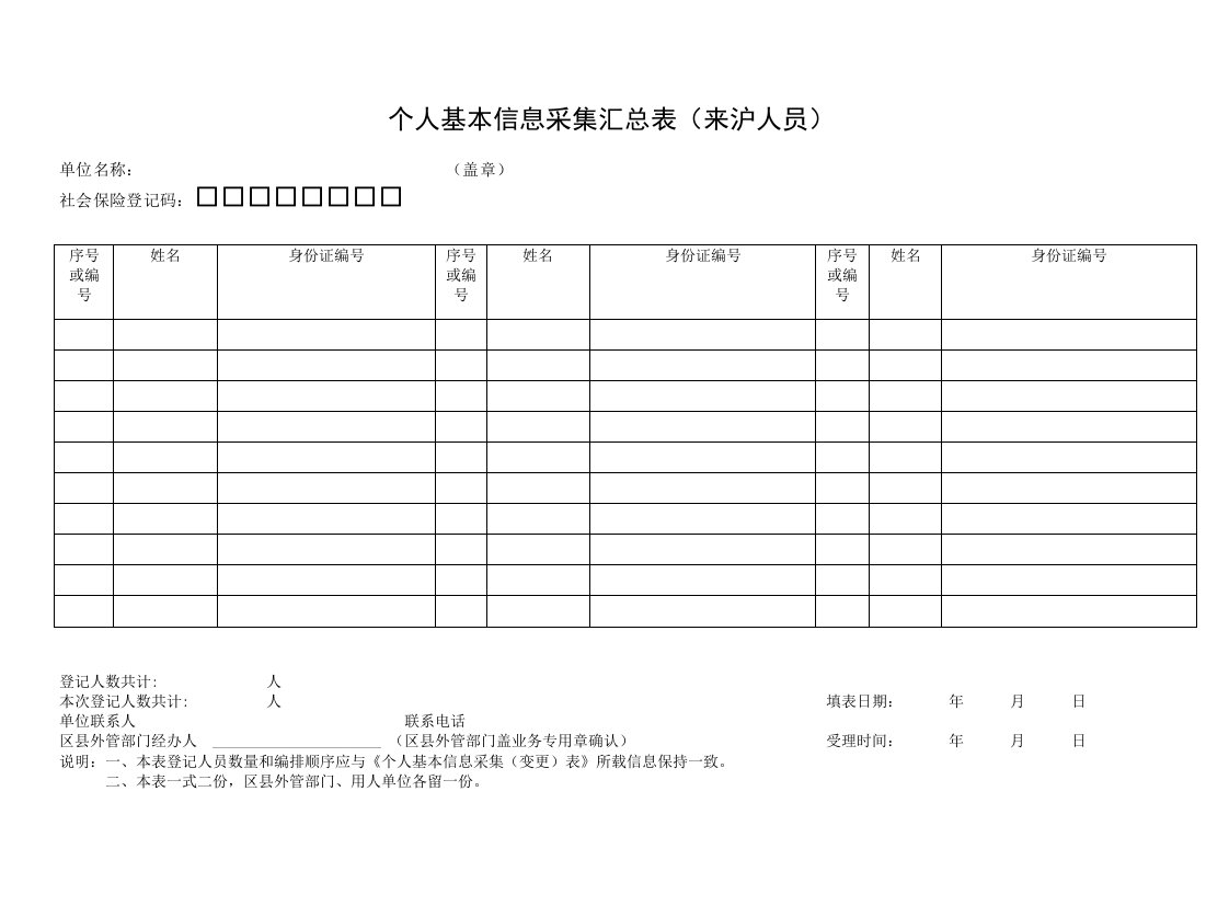 个人信息采集汇总表(来沪人员)