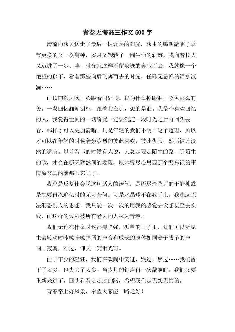 青春无悔高三作文500字