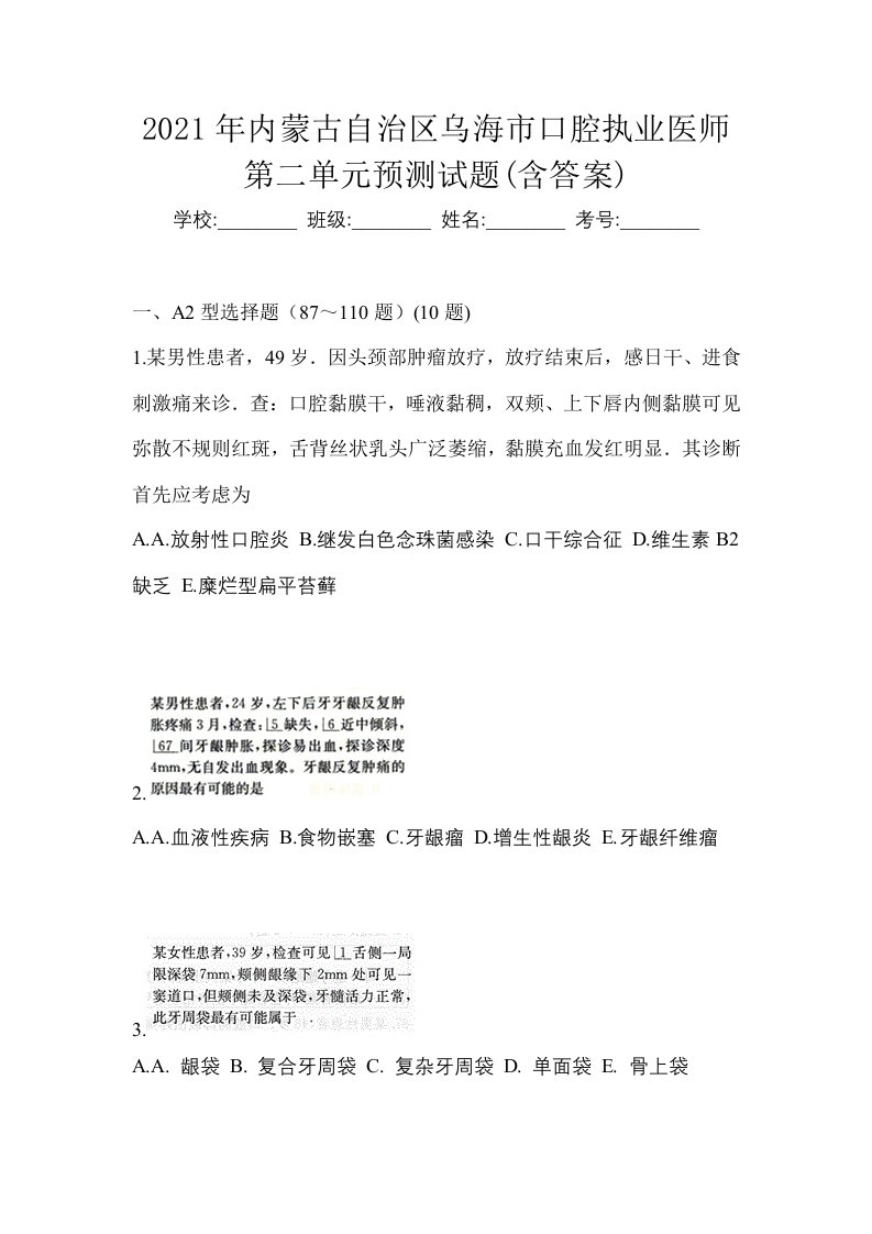 2021年内蒙古自治区乌海市口腔执业医师第二单元预测试题含答案