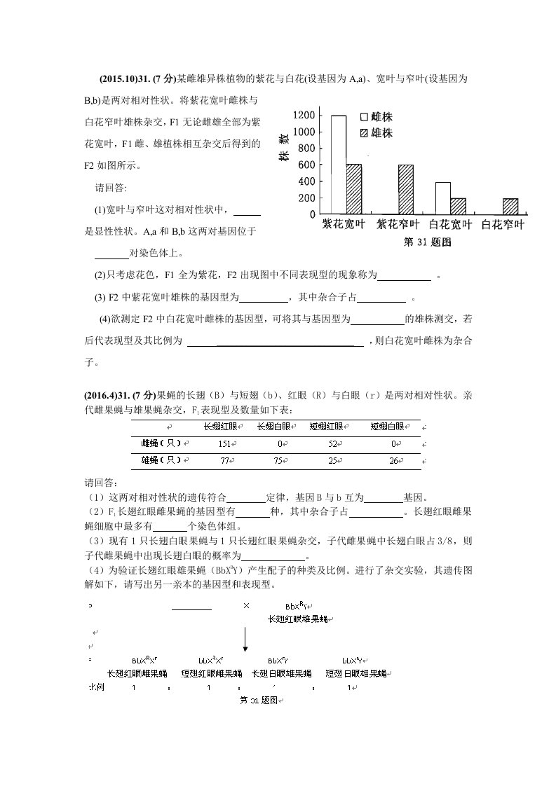 浙江生物学考生物遗传历年真题