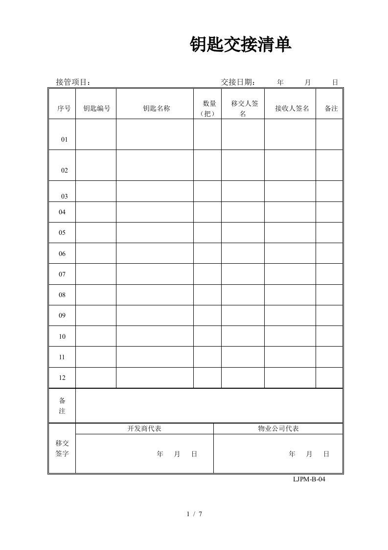 物业接管项目管理钥匙交接清单（表格模板、DOC格式）