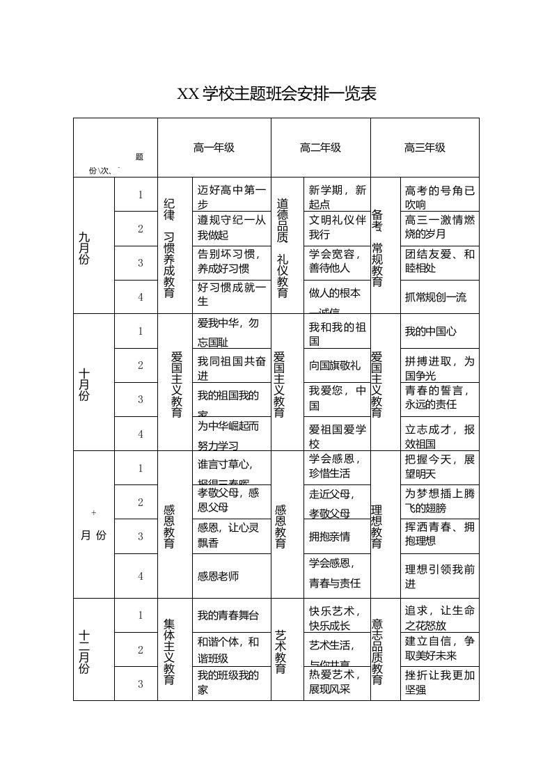 高中学校主题班会安排一览表