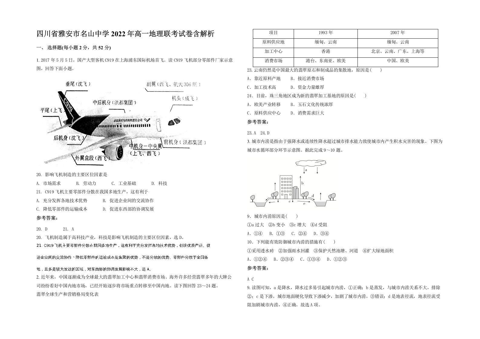 四川省雅安市名山中学2022年高一地理联考试卷含解析