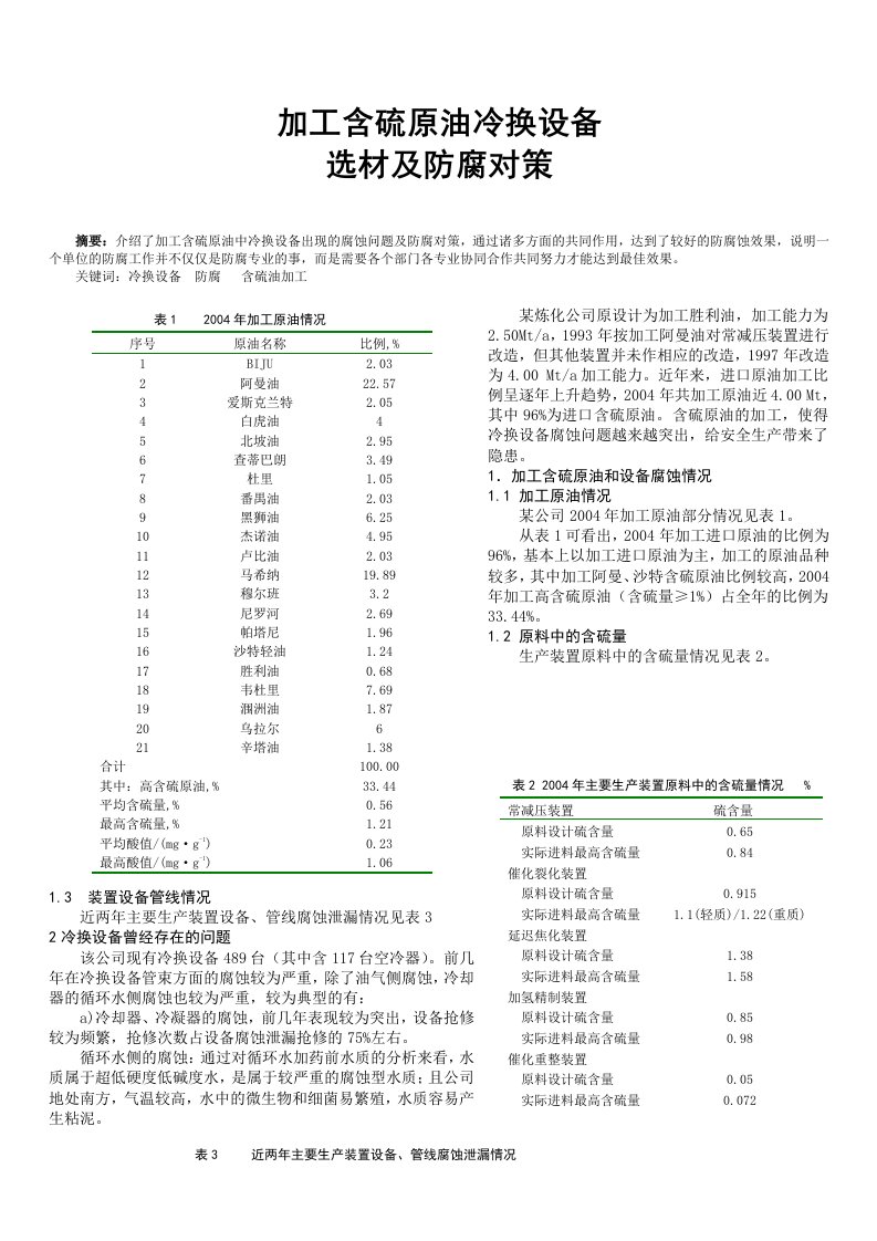 加工含硫原油冷换设备选材及防腐对策