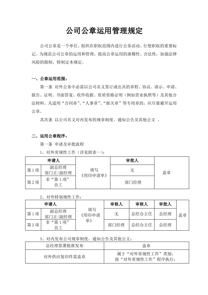 公司公章使用管理规定