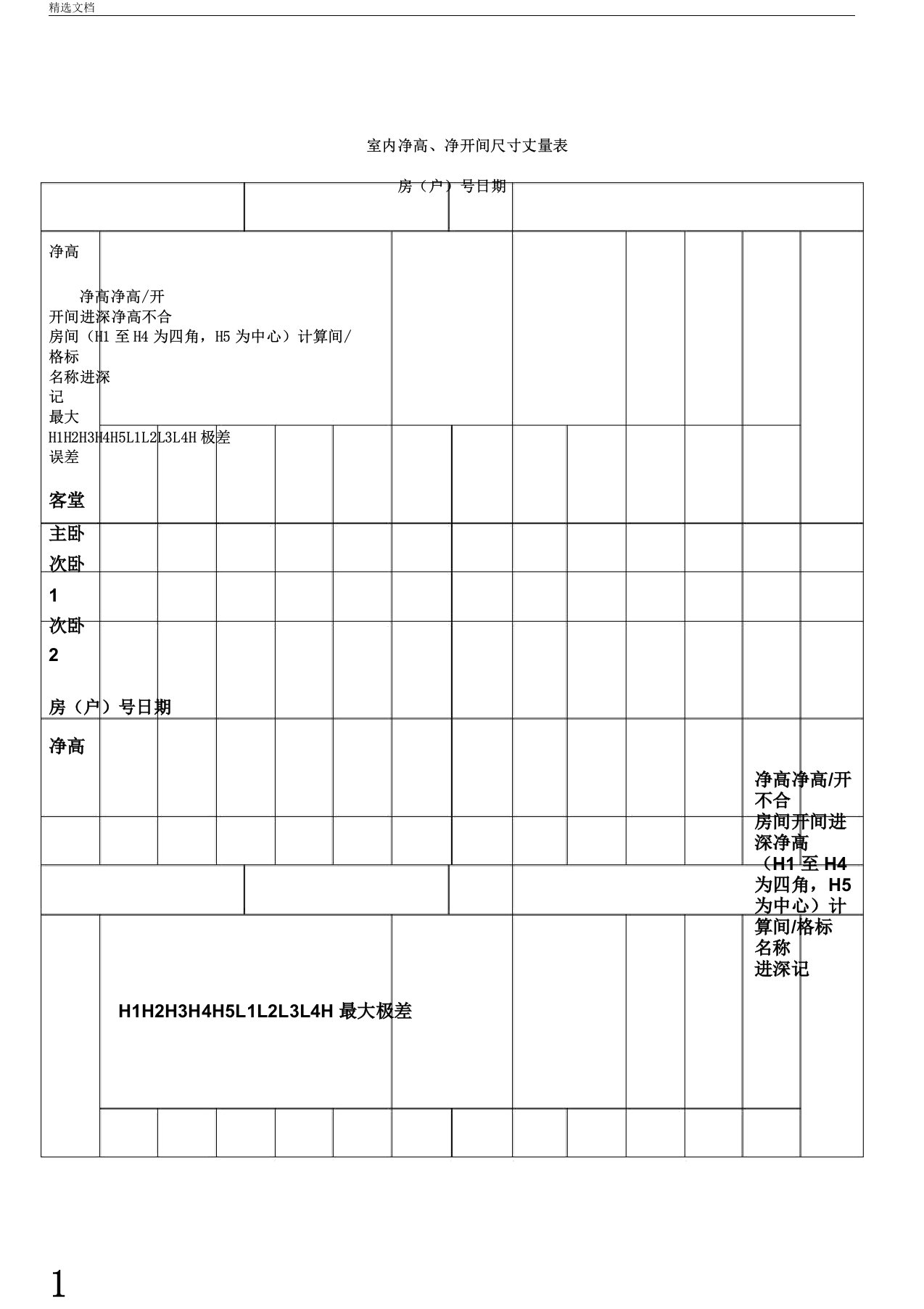 新室内净高净开间尺寸测量表格