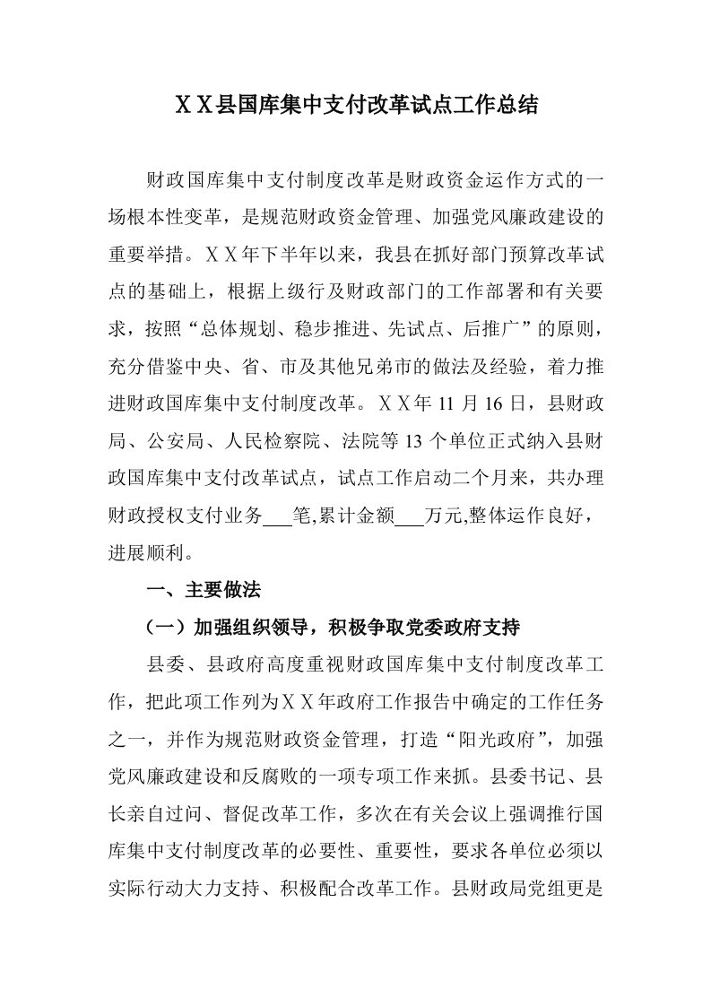 国库集中支付改革试点工作总结