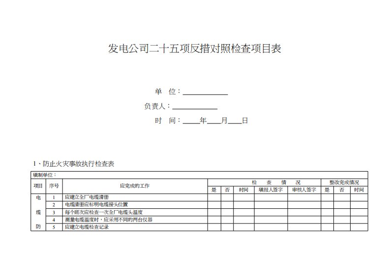 发电公司二十五项反措对照检查项目表