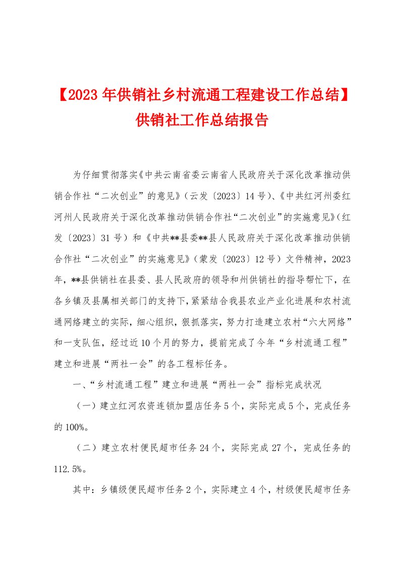 【2023年供销社乡村流通工程建设工作总结】供销社工作总结报告